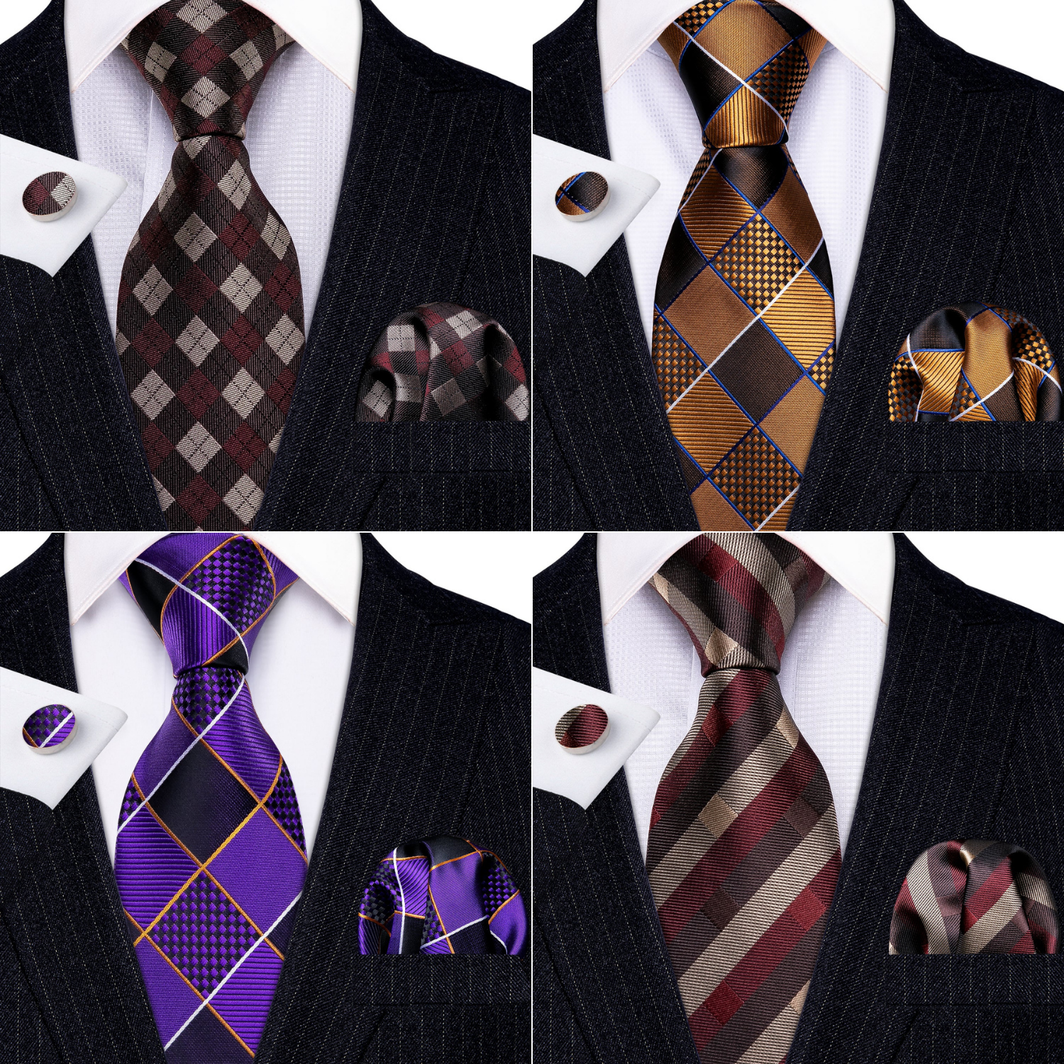 Barry.Wang 4pcs Men Plaid Silk Tie Pocket Square Cufflink Set