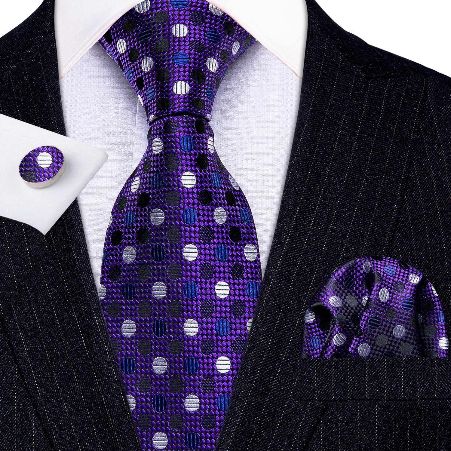 White Polka Dot  Purple Solid Silk Tie Hanky Cufflinks Set