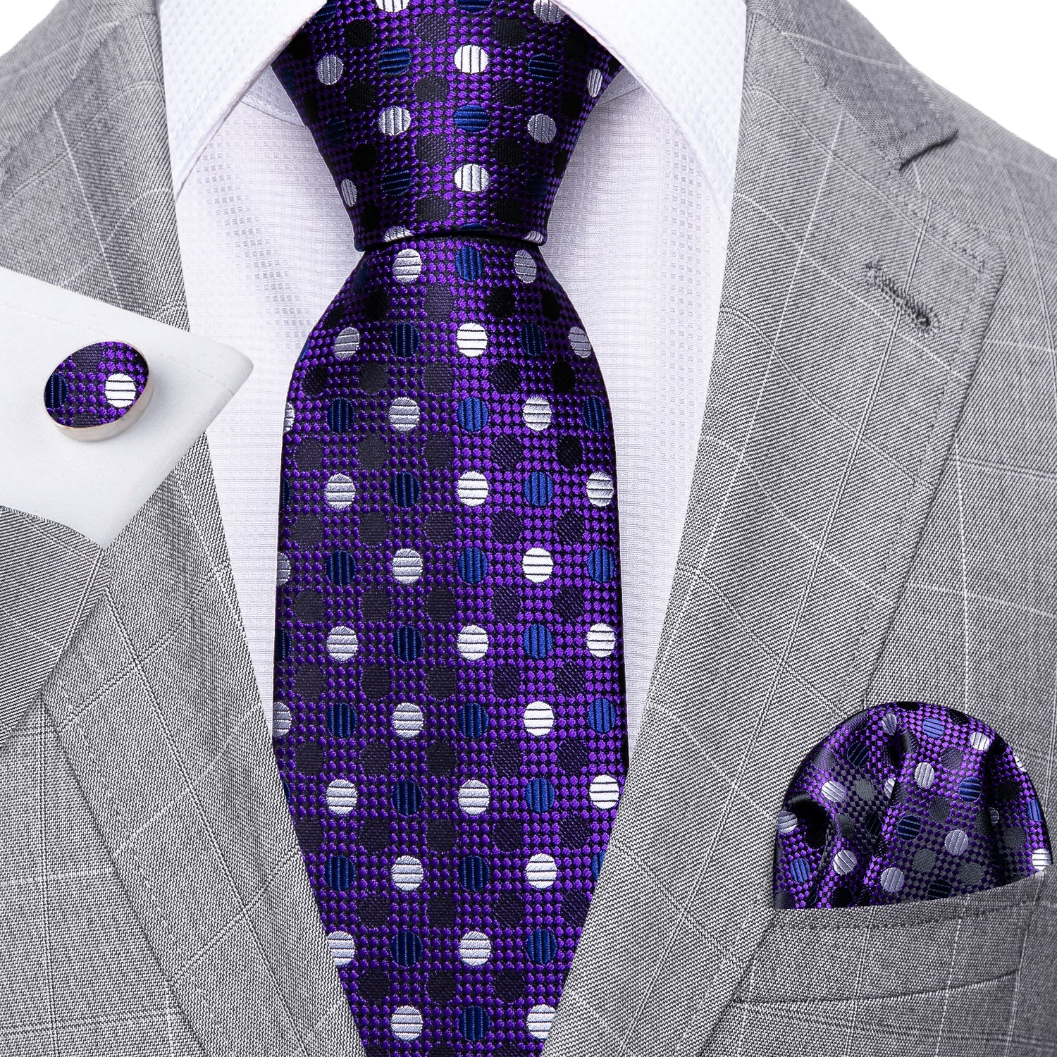 White Polka Dot  Purple Solid Silk Tie Hanky Cufflinks Set