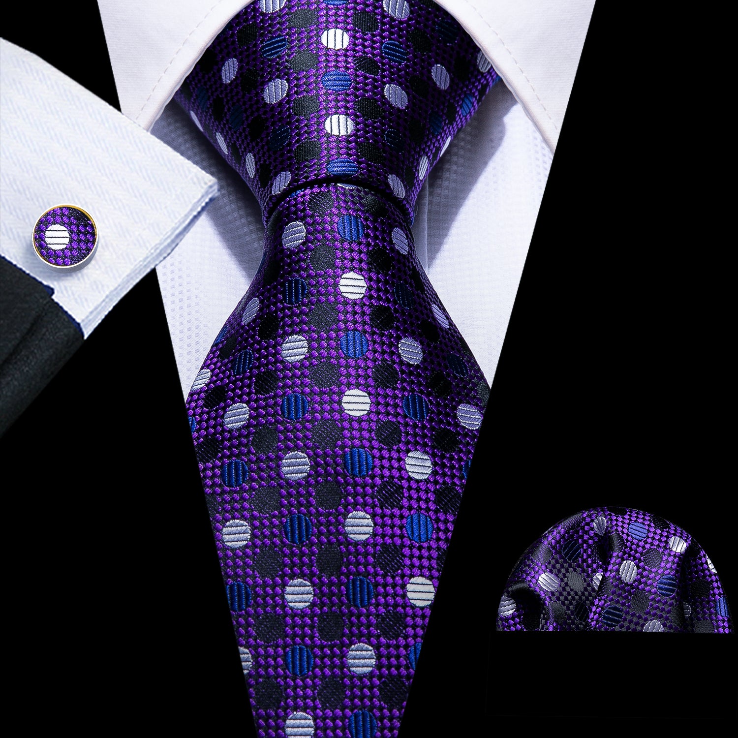 White Polka Dot  Purple Solid Silk Tie Hanky Cufflinks Set