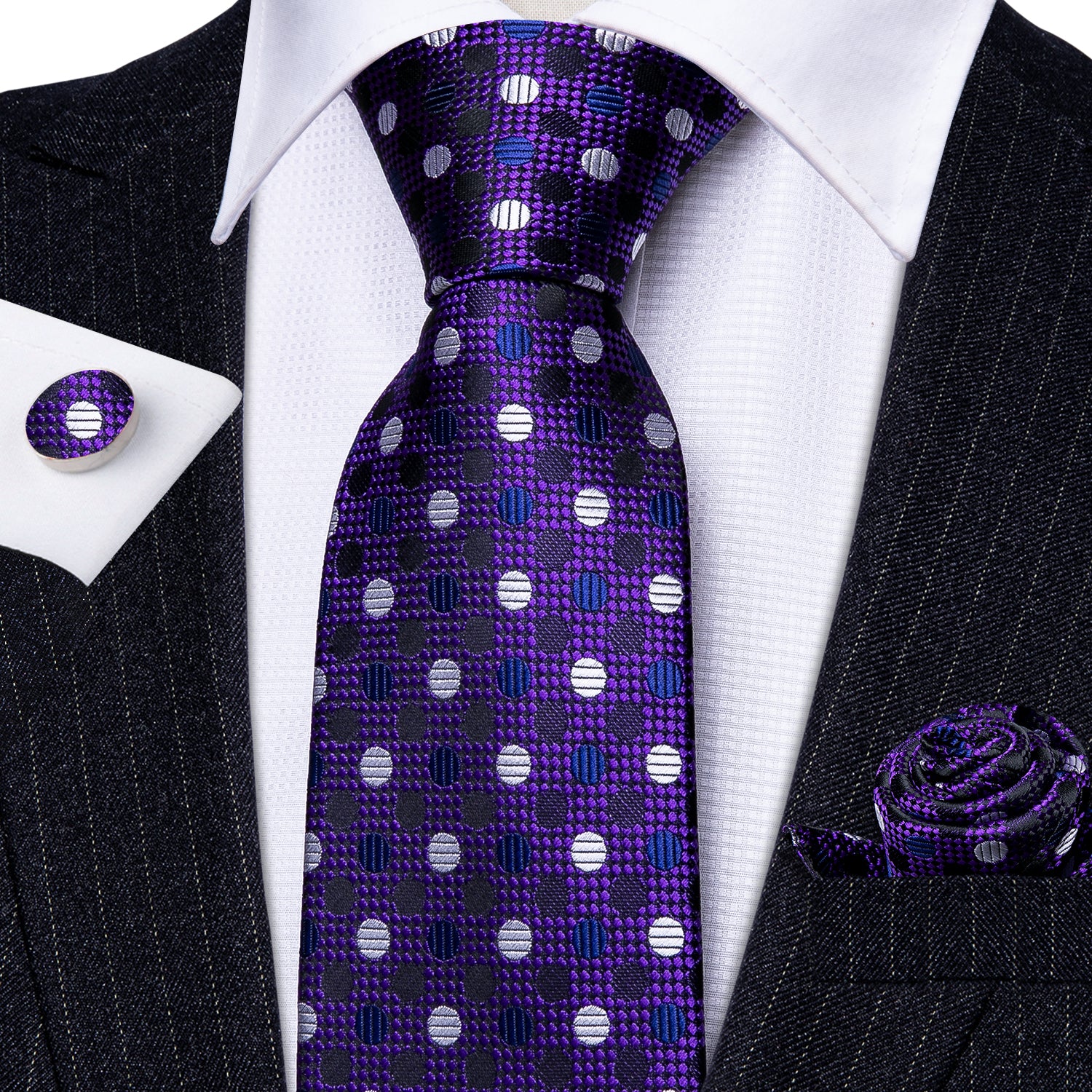 White Polka Dot  Purple Solid Silk Tie Hanky Cufflinks Set