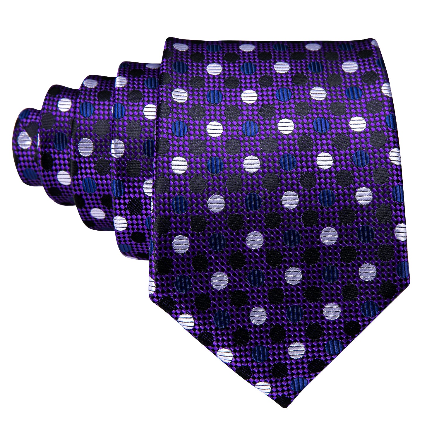 White Polka Dot  Purple Solid Silk Tie Hanky Cufflinks Set