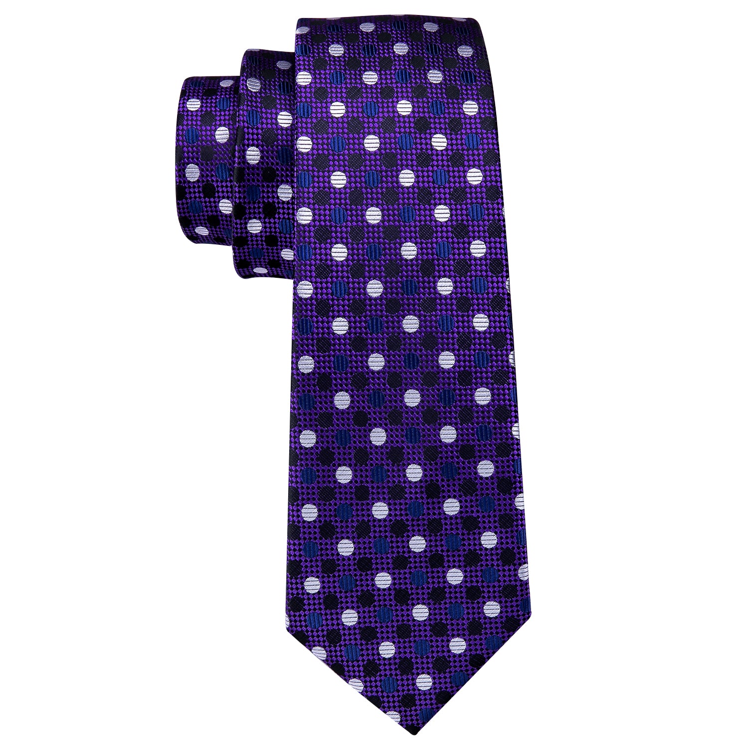 White Polka Dot  Purple Solid Silk Tie Hanky Cufflinks Set