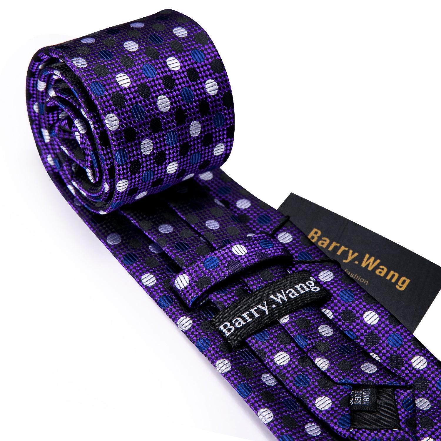 White Polka Dot  Purple Solid Silk Tie Hanky Cufflinks Set