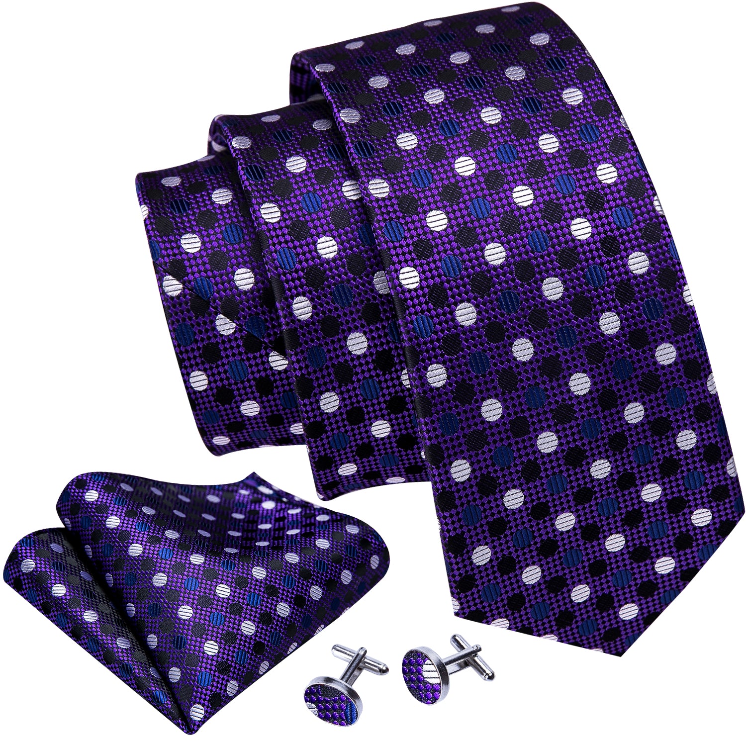 White Polka Dot  Purple Solid Silk Tie Hanky Cufflinks Set