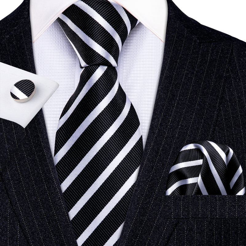 Barry Wang Necktie Black White Striped Silk Tie Hanky Cufflinks Set