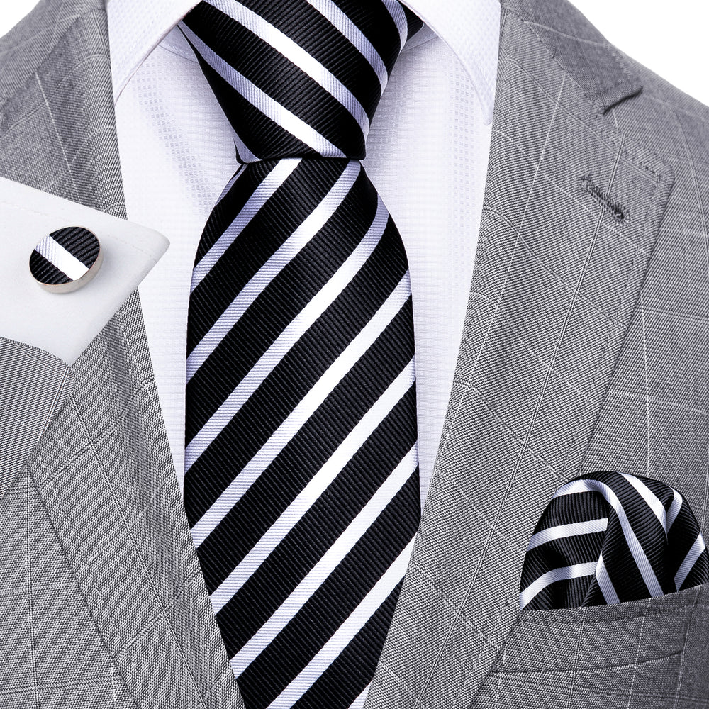 Barry Wang Necktie Black White Striped Silk Tie Hanky Cufflinks Set