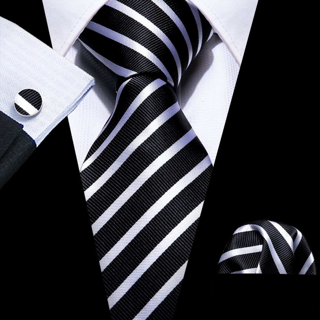 Barry Wang Necktie Black White Striped Silk Tie Hanky Cufflinks Set