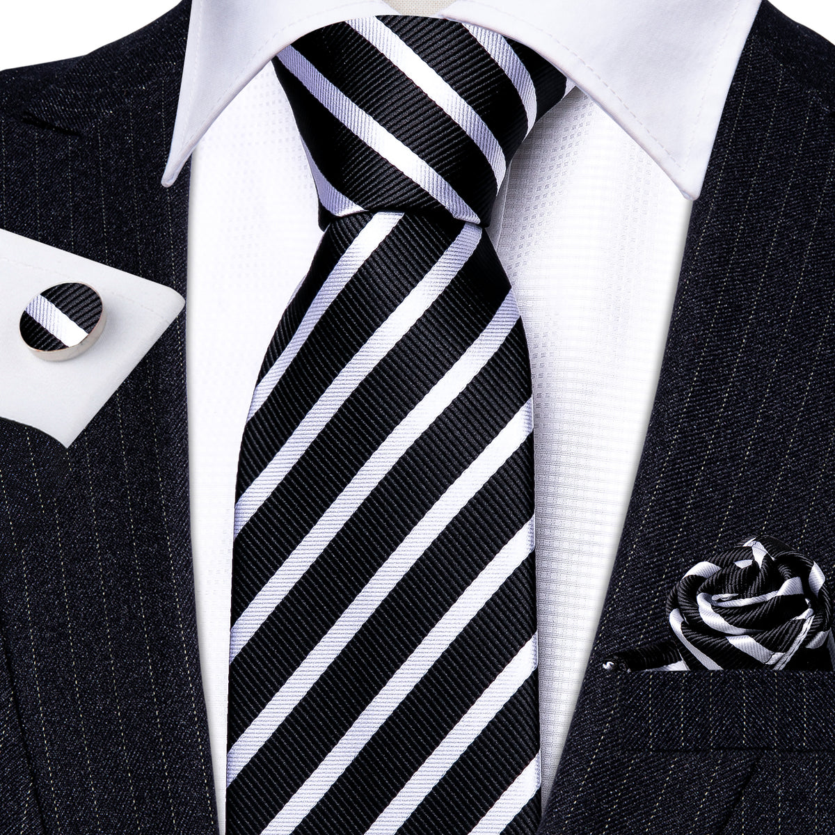 Barry Wang Necktie Black White Striped Silk Tie Hanky Cufflinks Set