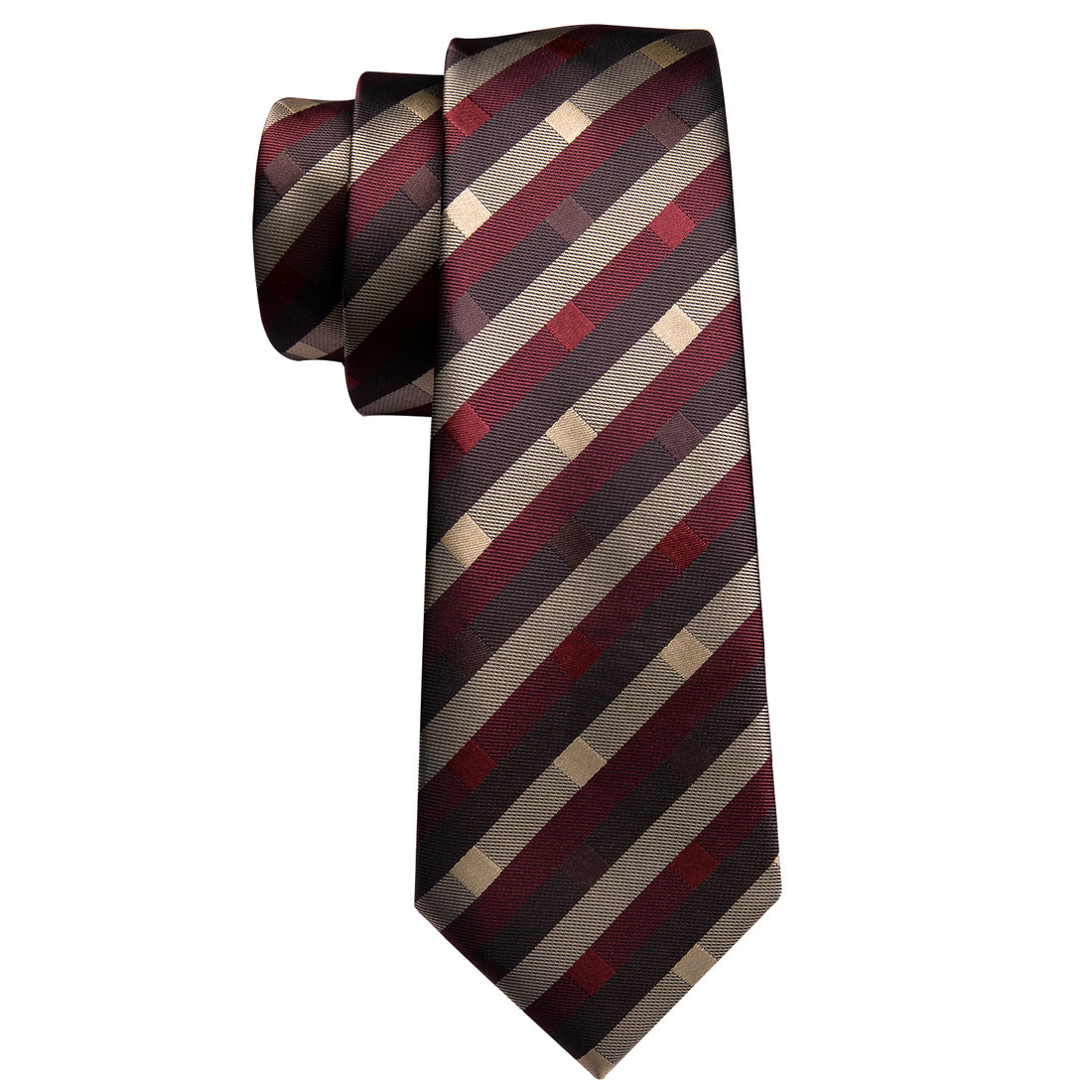 Barry Wang Brown Necktie Red Tan Striped Silk Tie Hanky Cufflinks Set