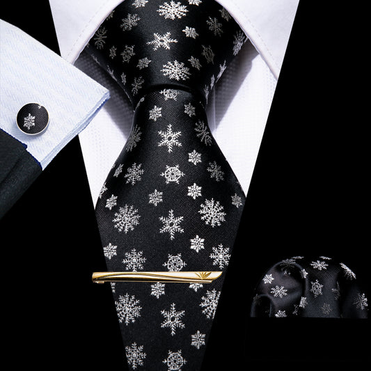 4PCS Black White Christmas Snowflake Silk Necktie Hanky Cufflinks Tie Clip Set