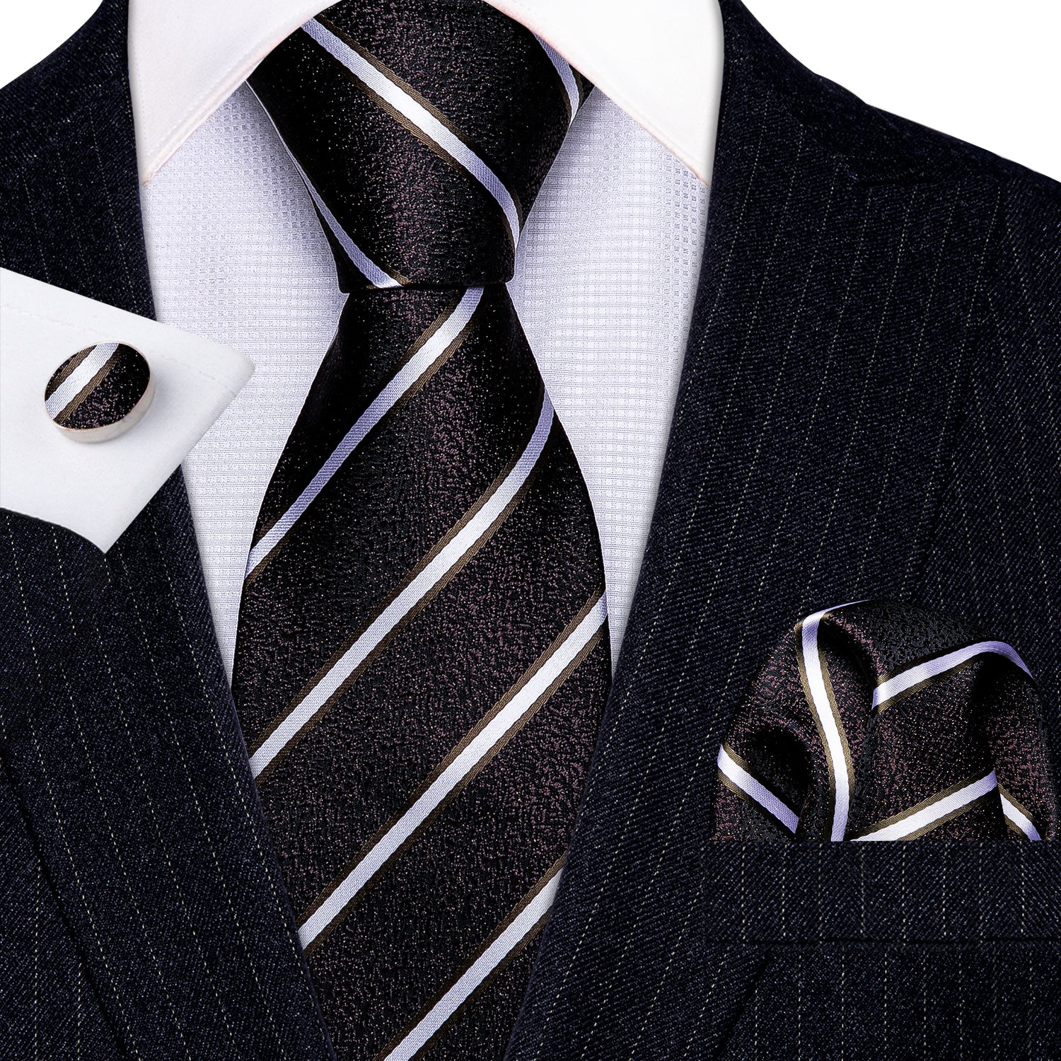 Brown Black White Striped Silk Tie Hanky Cufflinks Set