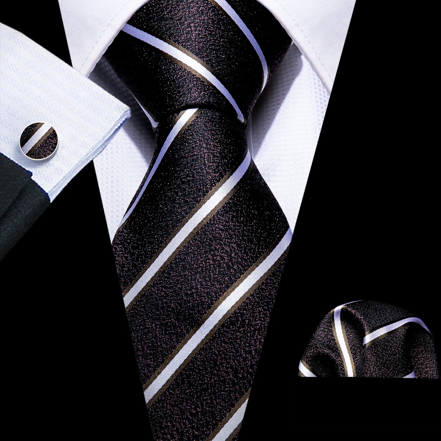 Brown Black White Striped Silk Tie Hanky Cufflinks Set