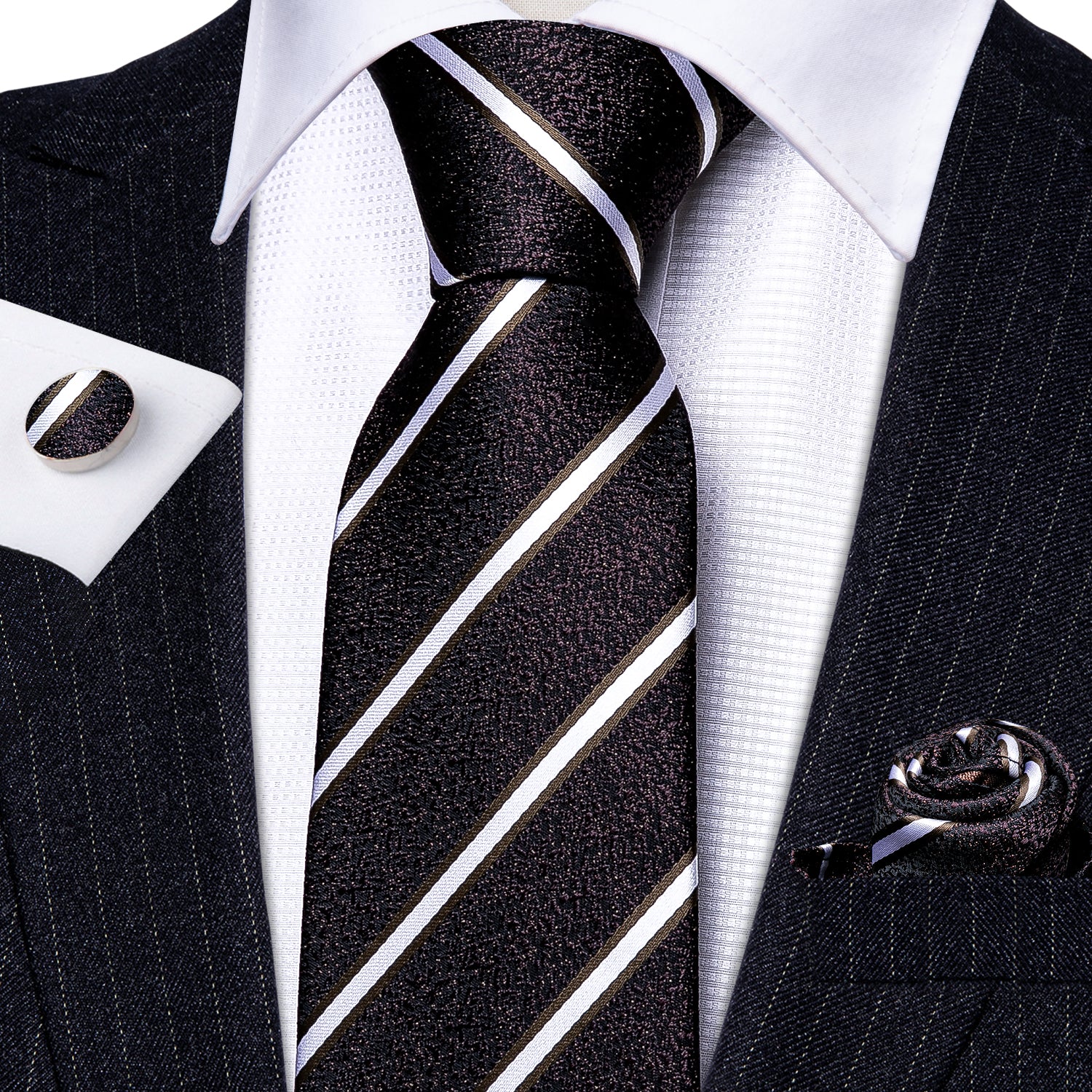 Brown Black White Striped Silk Tie Hanky Cufflinks Set