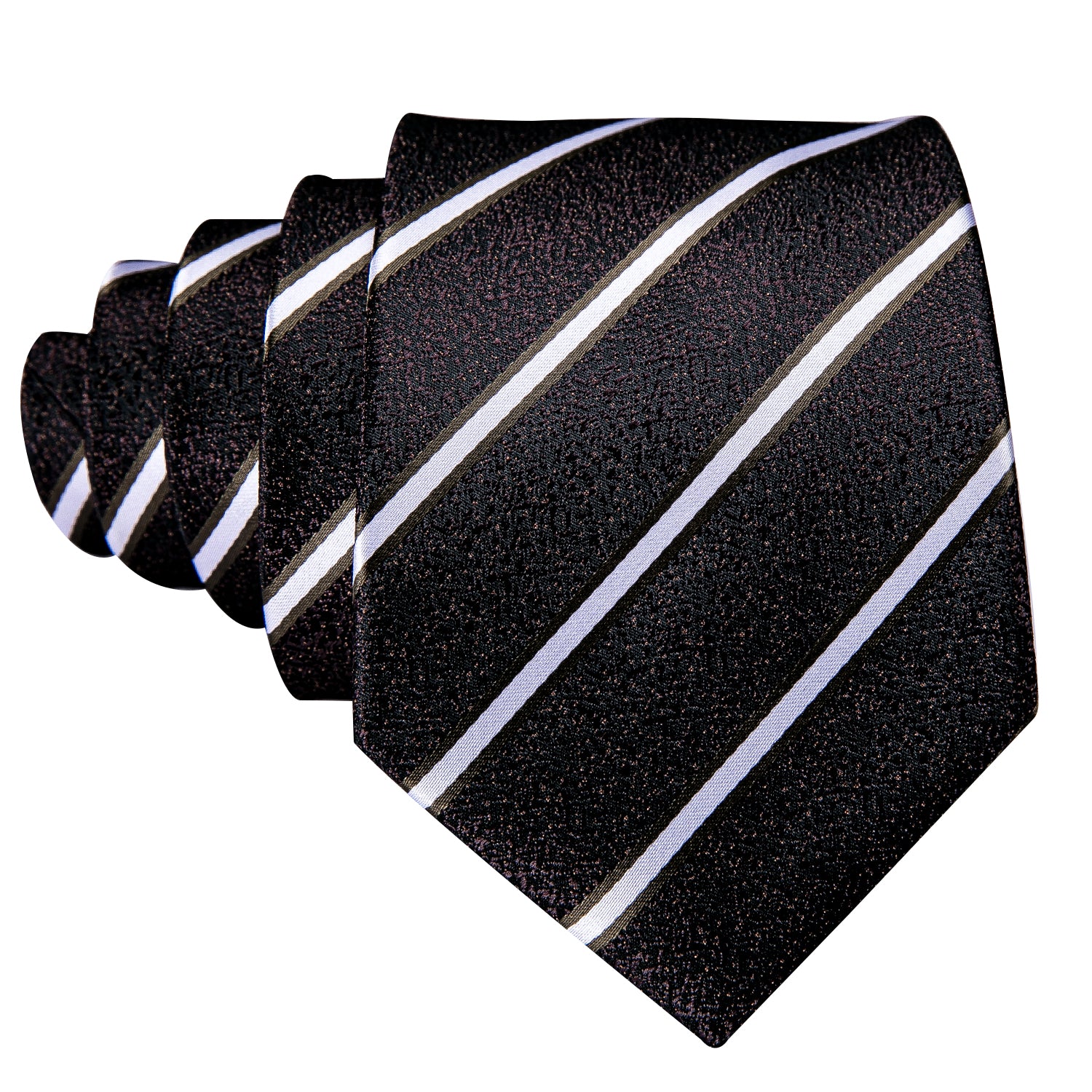 Brown Black White Striped Silk Tie Hanky Cufflinks Set