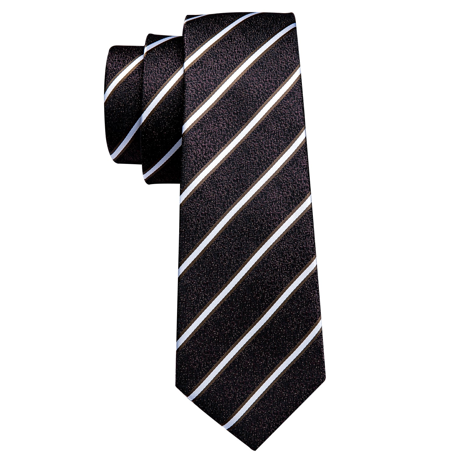 Brown Black White Striped Silk Tie Hanky Cufflinks Set