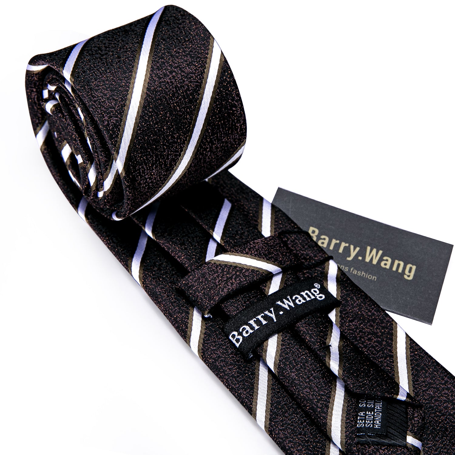 Brown Black White Striped Silk Tie Hanky Cufflinks Set