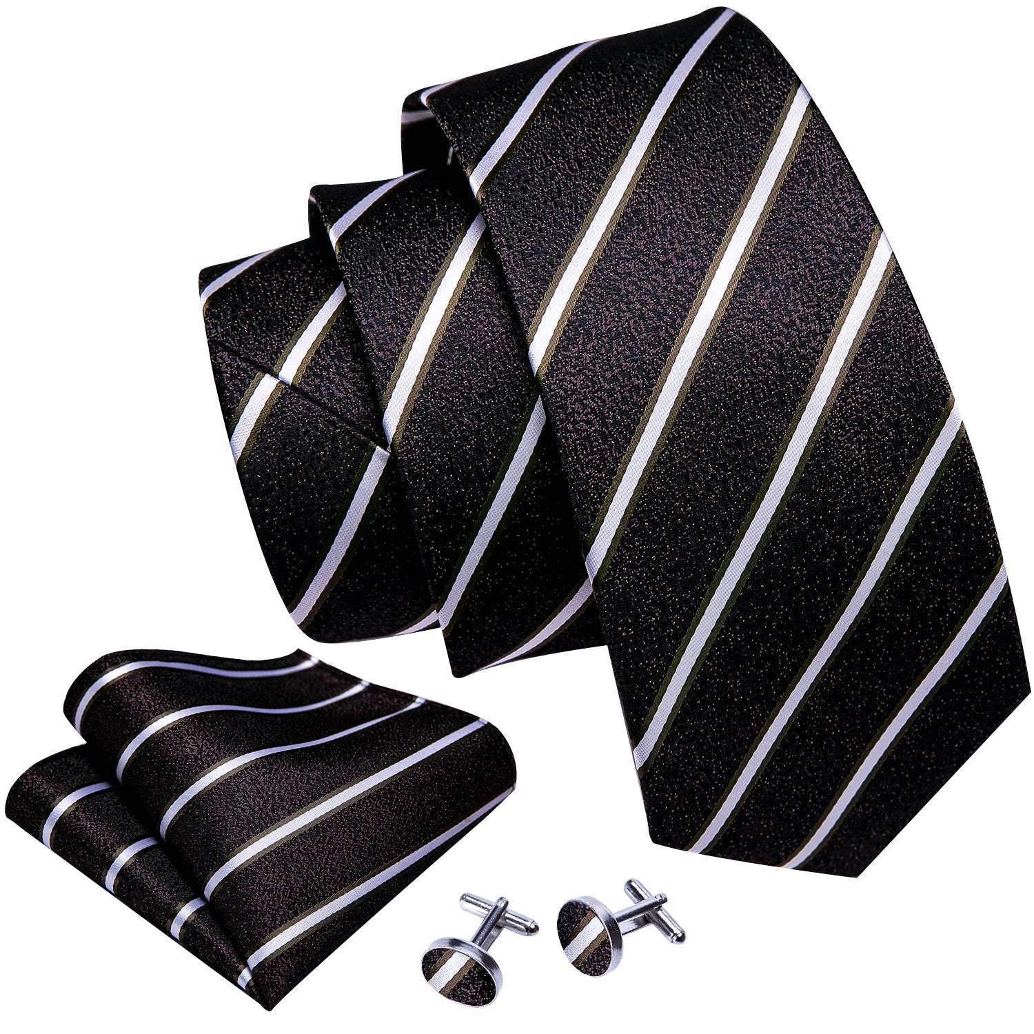 Brown Black White Striped Silk Tie Hanky Cufflinks Set