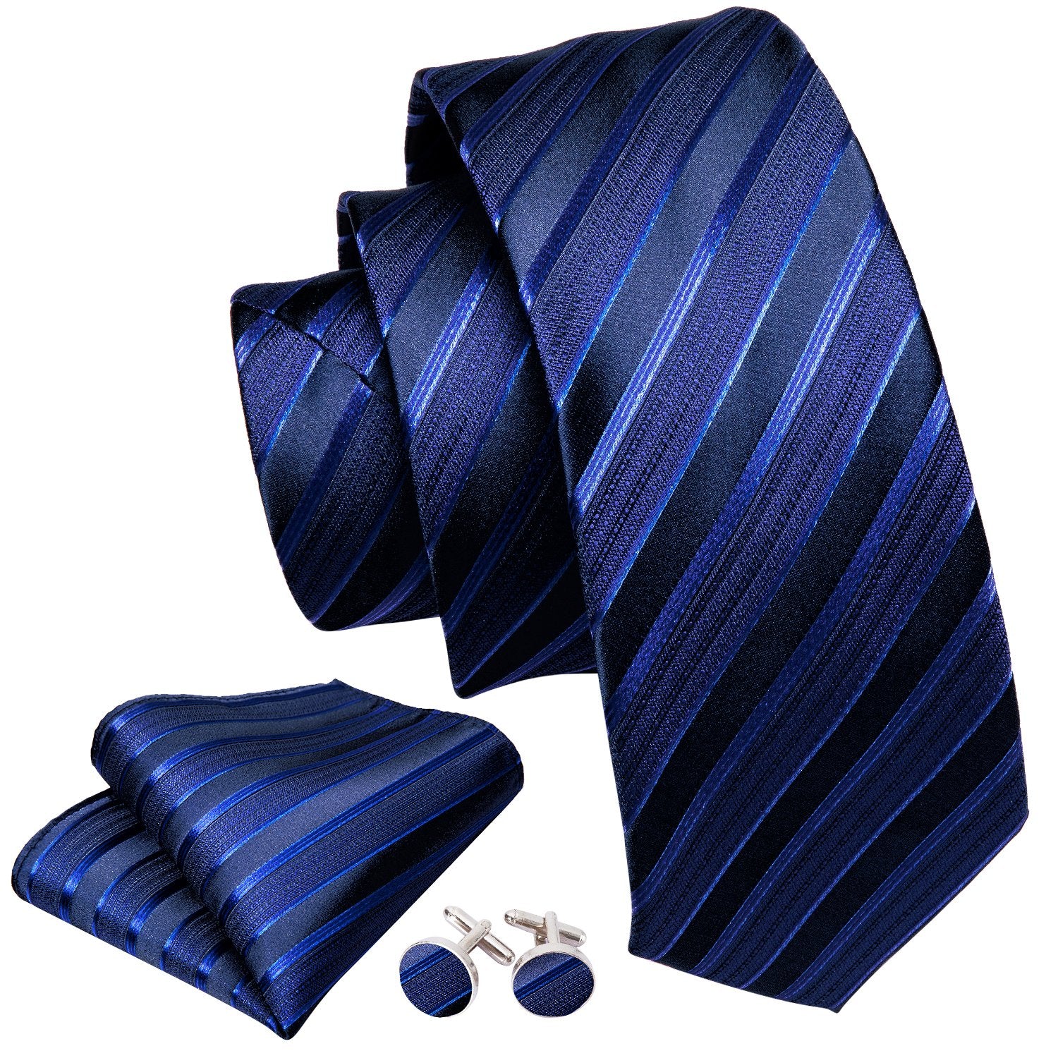 Deep Blue Stripe Necktie Pocket Square Cufflink Clip Gift Box Set