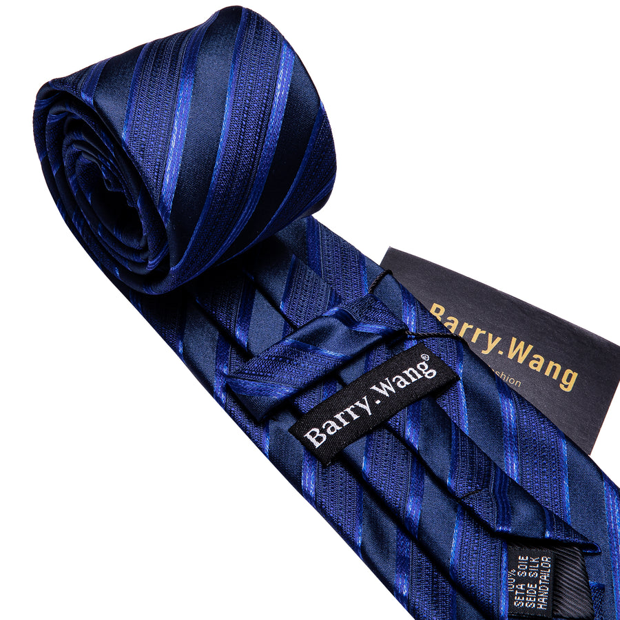 Barry Wang Necktie Deep Blue Striped Tie Pocket Square Cufflinks Set