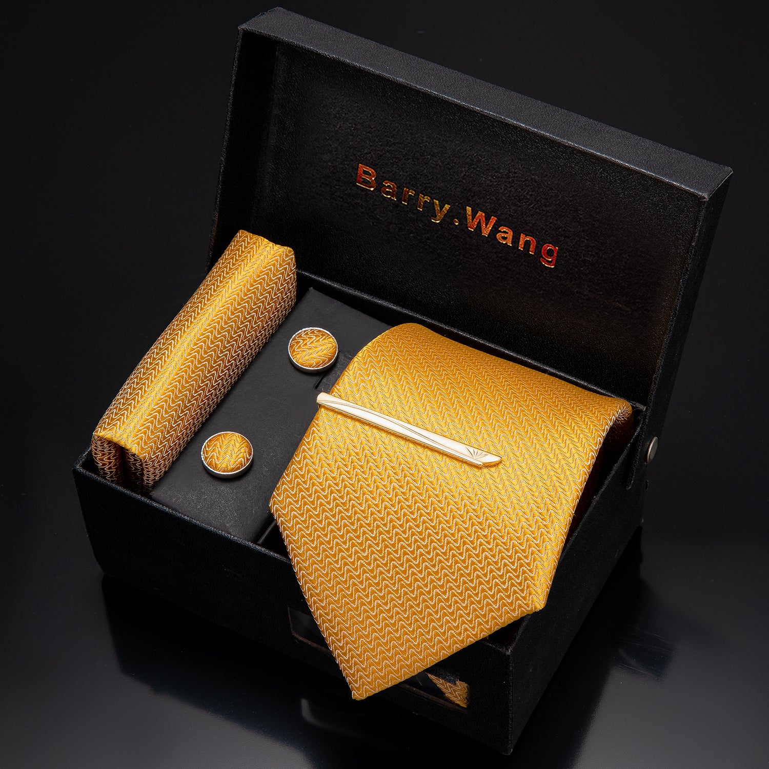 Novelty Golden Stripe Necktie Pocket Square Cufflink Clip Gift Box Set