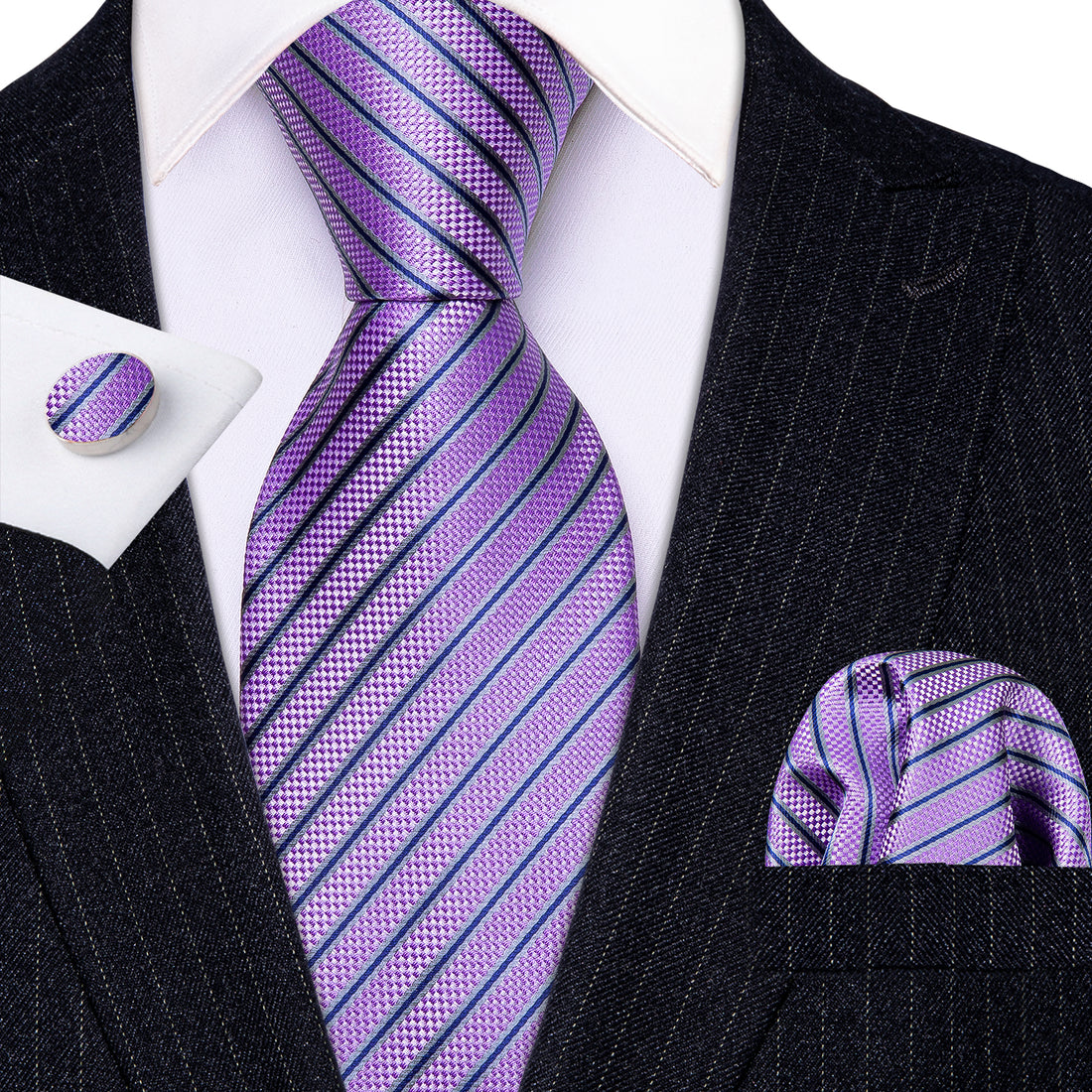 Barry Wang Purple Blue Stripes Tie Pocket Square Cufflinks Set