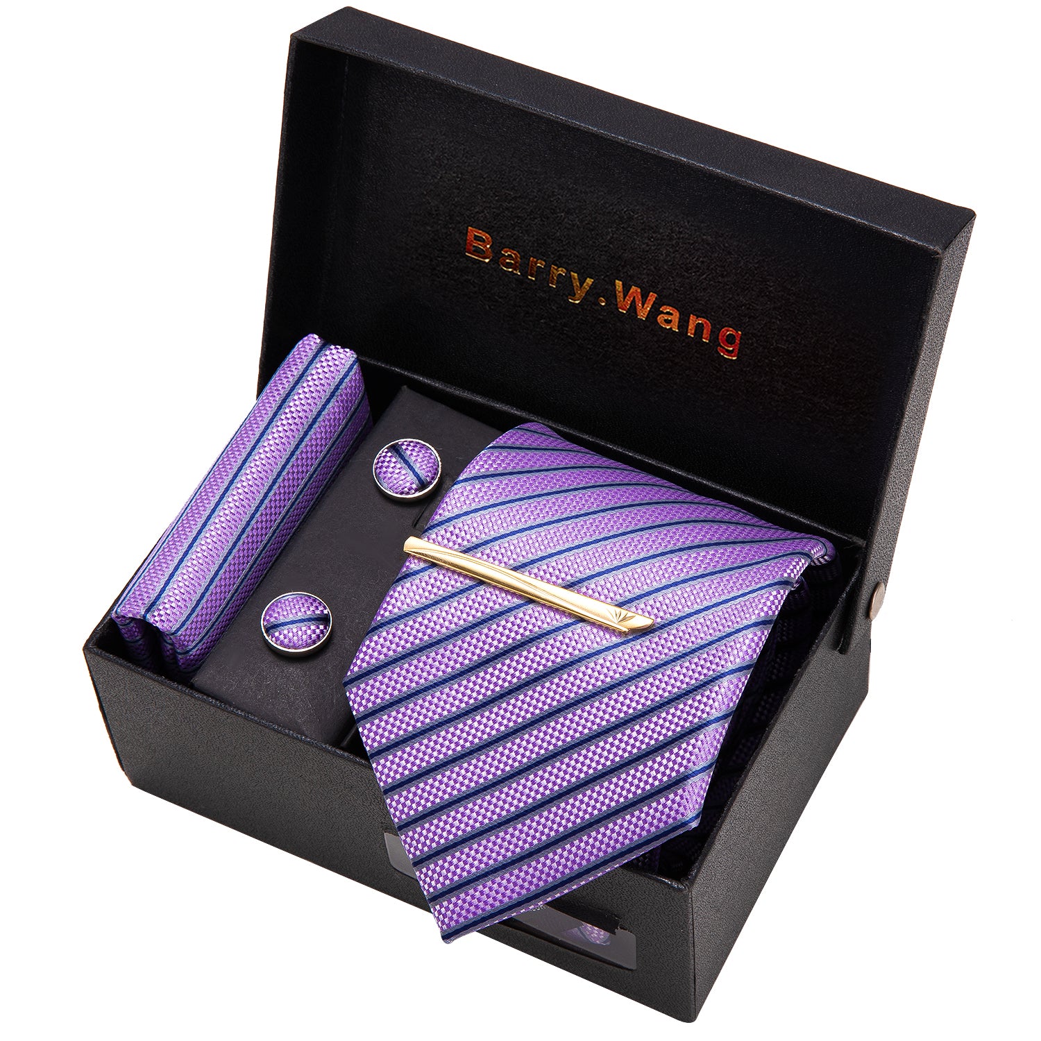 Purple Stripe Necktie Pocket Square Cufflink Clip Gift Box Set