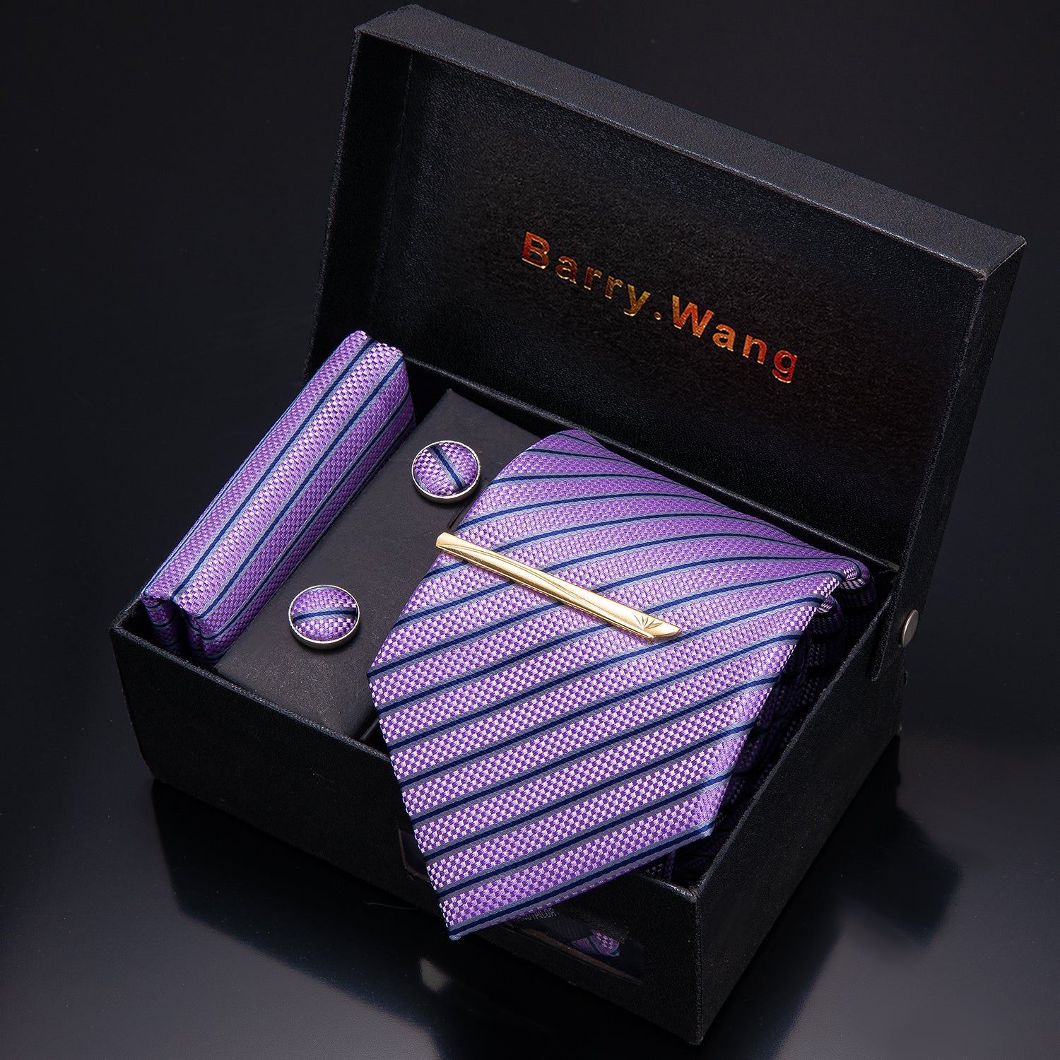 Purple Stripe Necktie Pocket Square Cufflink Clip Gift Box Set