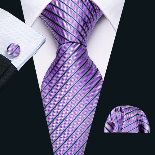 Barry Wang Purple Blue Stripes Tie Pocket Square Cufflinks Set