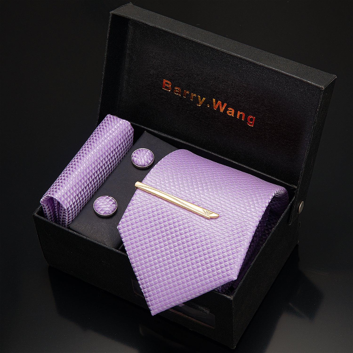 Light Purple Geometric Necktie Pocket Square Cufflink Clip Gift Box Set