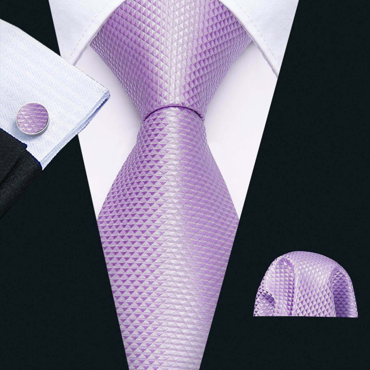 Light Purple Geometric Necktie Pocket Square Cufflink Clip Gift Box Set