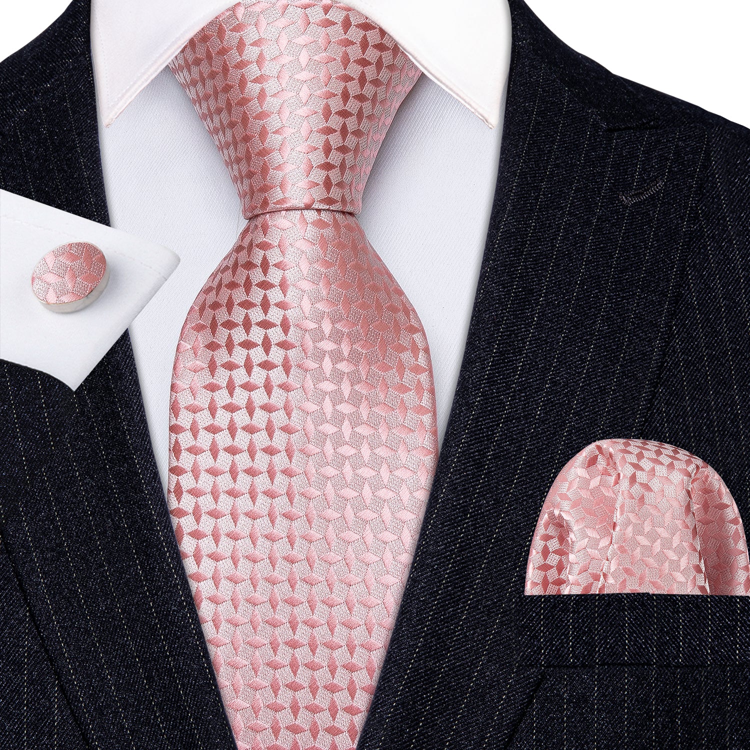 Novelty Pink Floral Tie Pocket Square Cufflinks Set for Men
