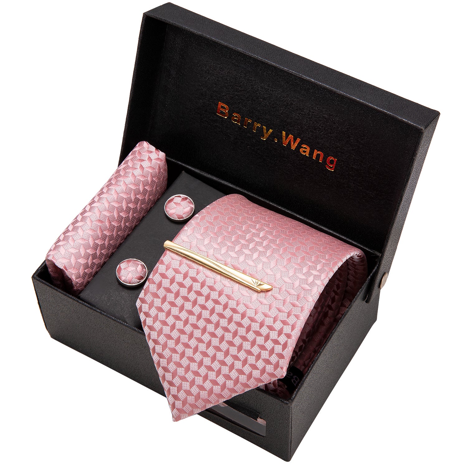 Novelty Pink Floral Necktie Pocket Square Cufflink Clip Gift Box Set