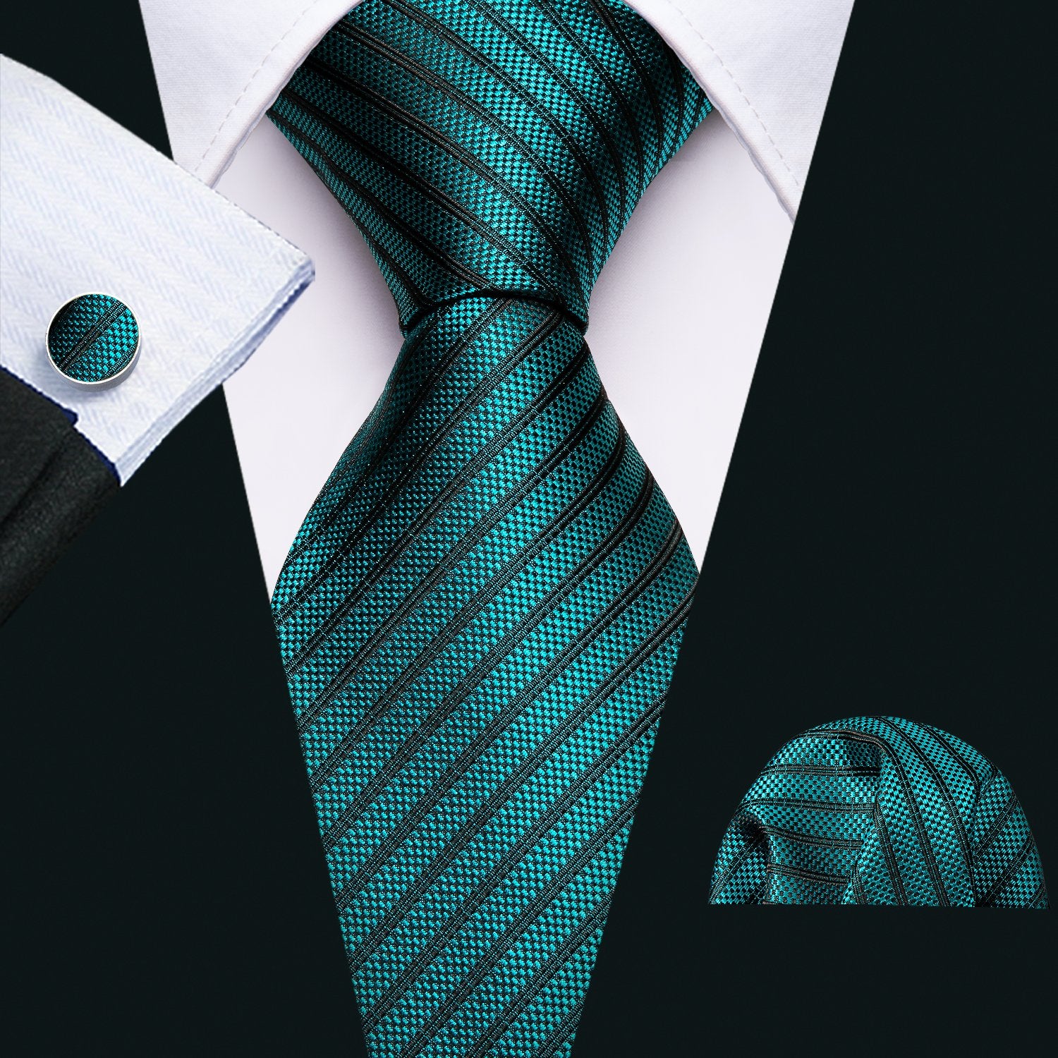 Teal Black Striped Necktie Pocket Square Cufflink Clip Gift Box Set