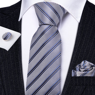 Grey Blue Striped Silk Tie Hanky Cufflinks Set