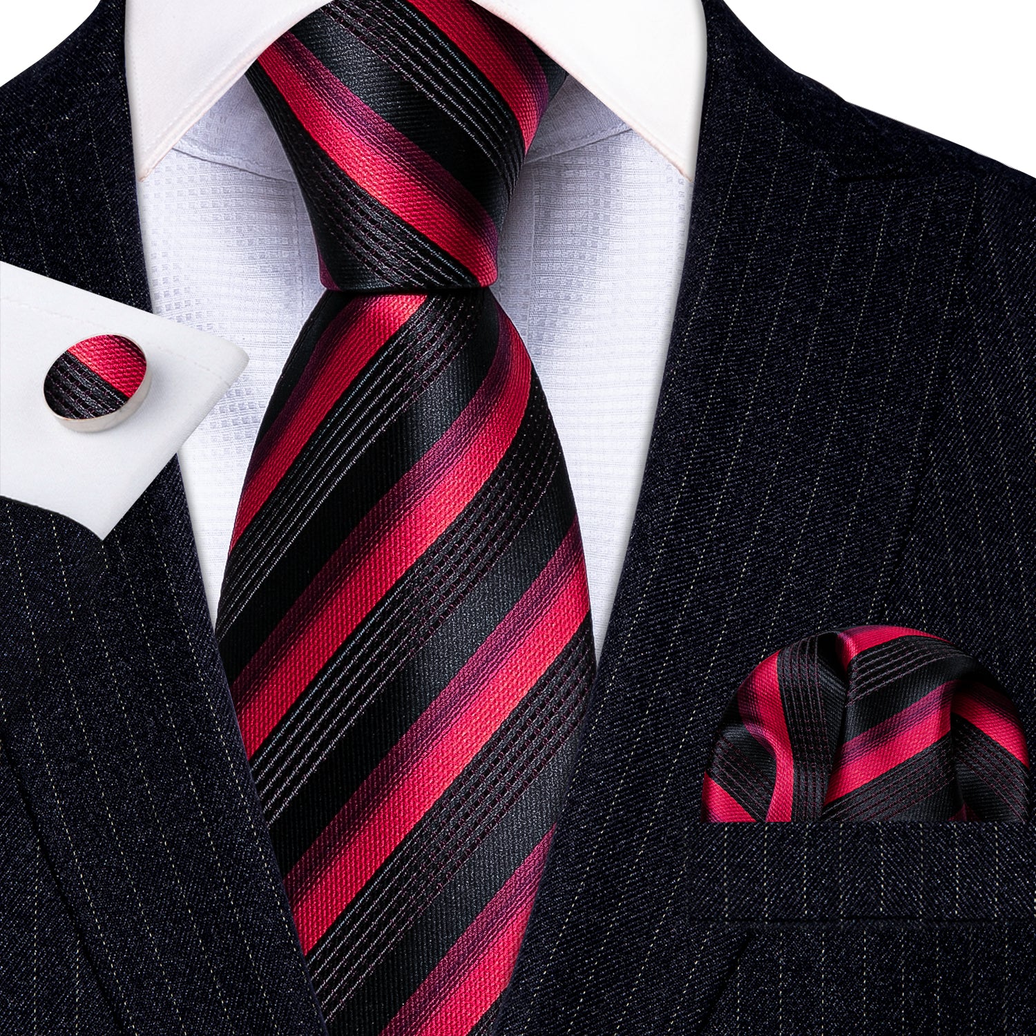 Black Red Striped Silk Tie Hanky Cufflinks Set