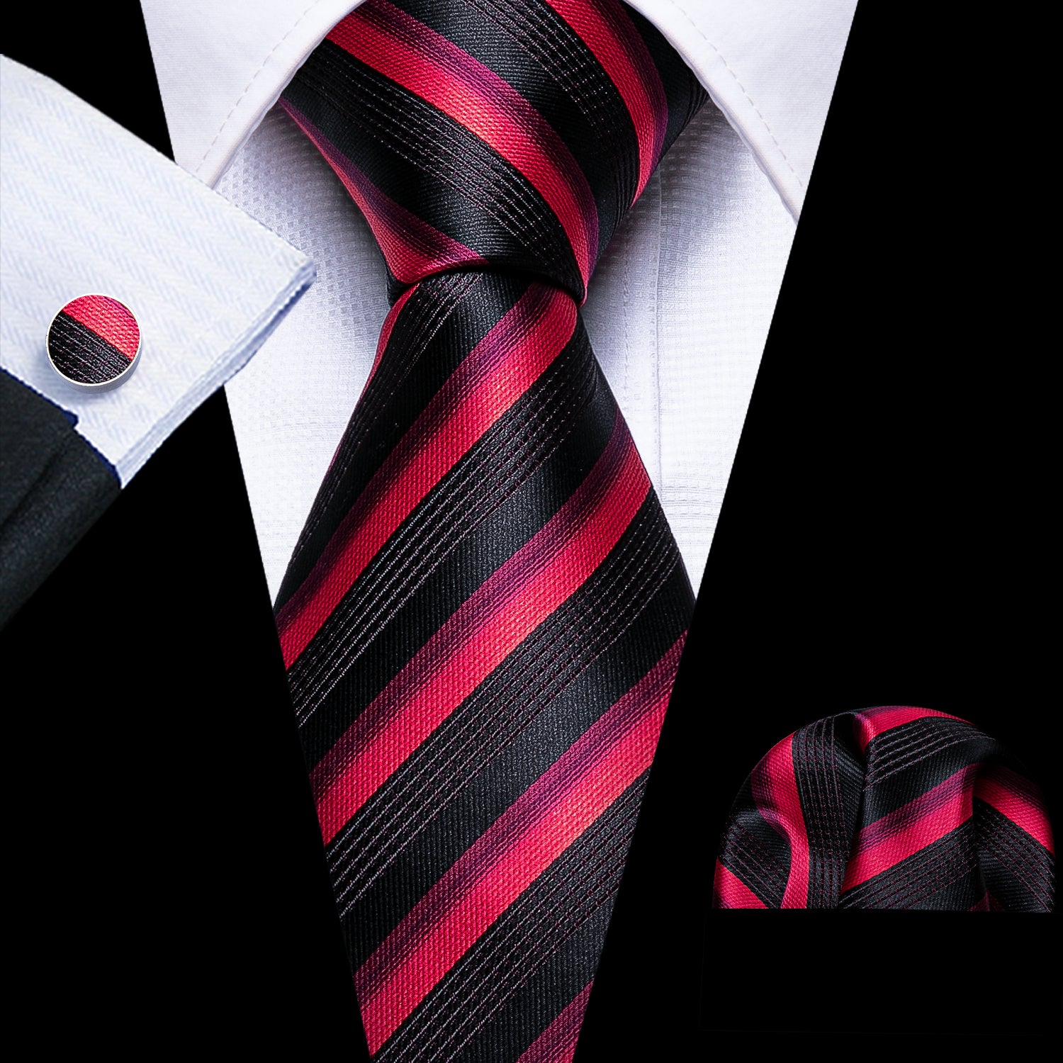 Black Red Striped Silk Tie Hanky Cufflinks Set