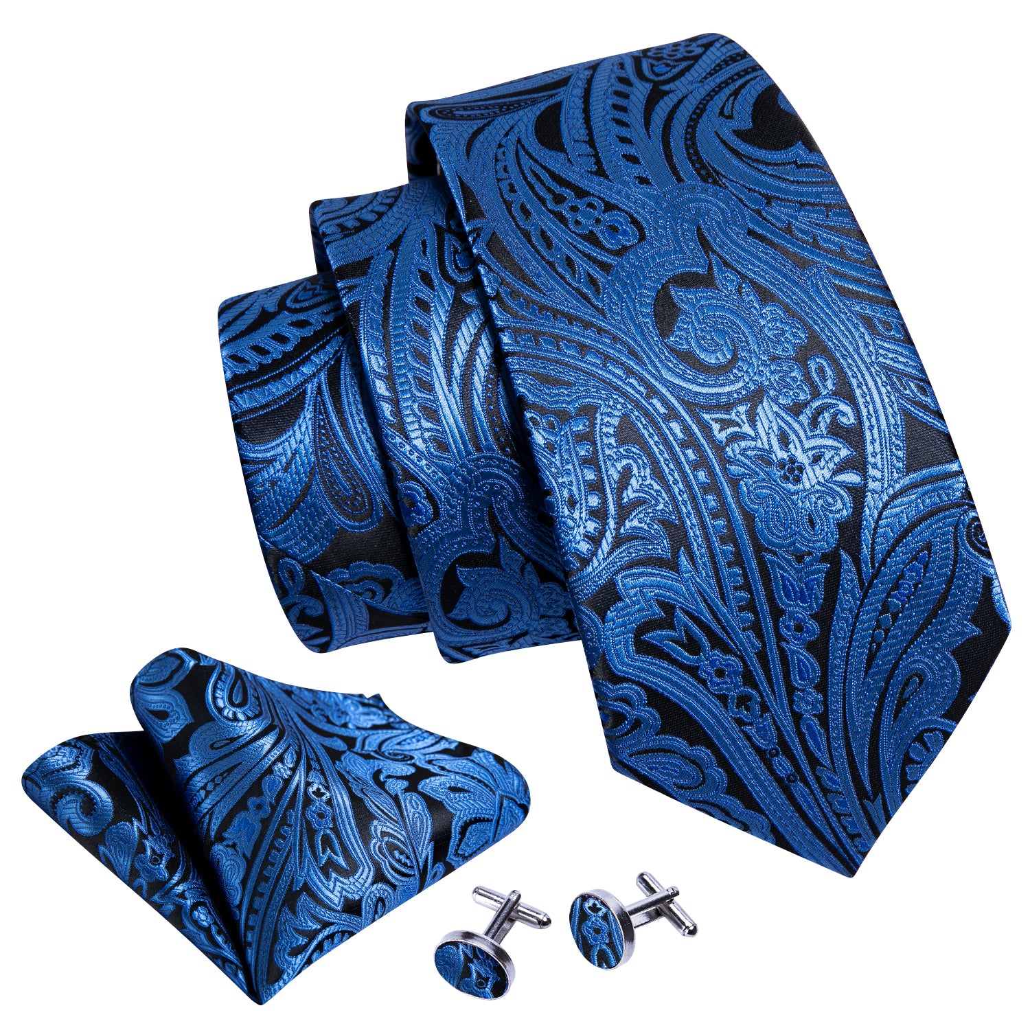 Deep Blue Paisley Silk Tie Hanky Cufflinks Set