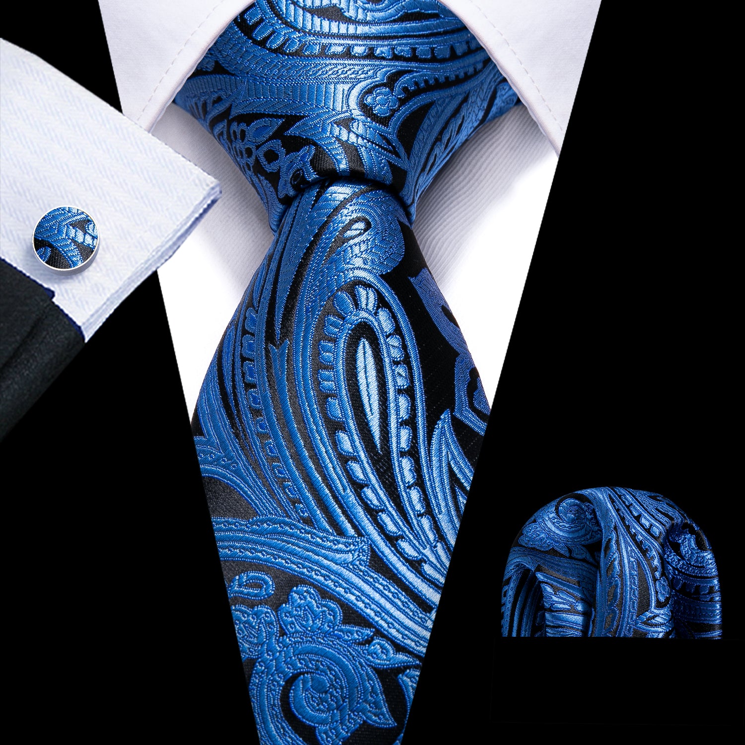 Deep Blue Paisley Silk Tie Hanky Cufflinks Set