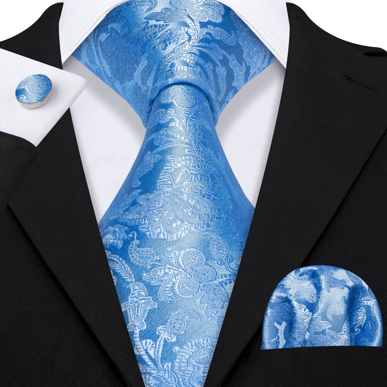  Light Blue Solid Floral Necktie Pocket Square Cufflinks Set