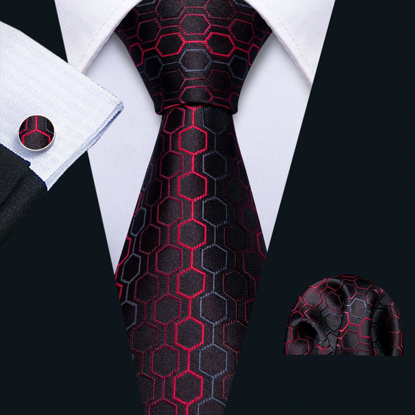 Black Red Geometric Plaid Silk Tie Pocket Square Cufflinks Set