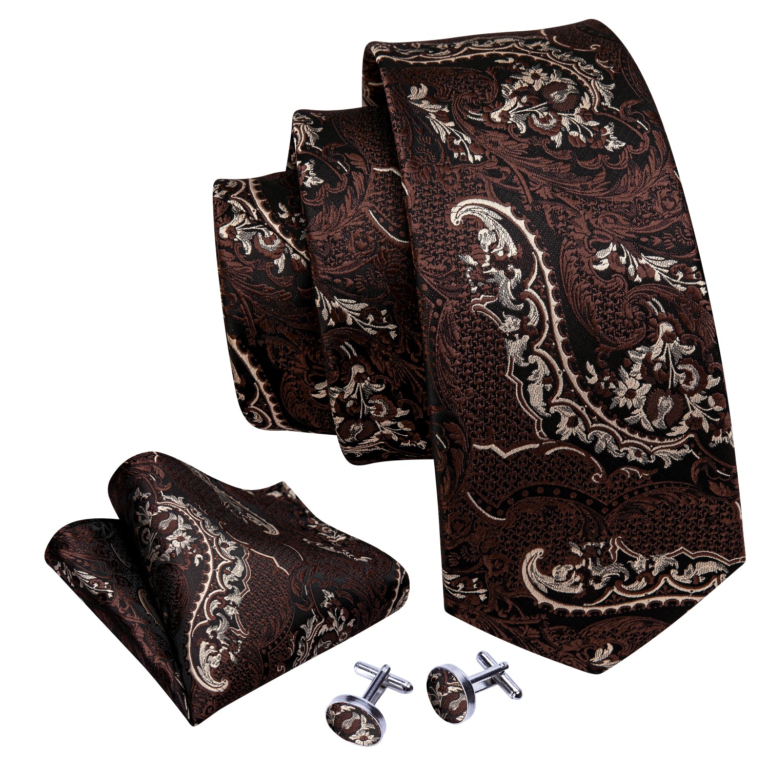 Brown Paisley Silk Tie Handkerchief Cufflinks Set