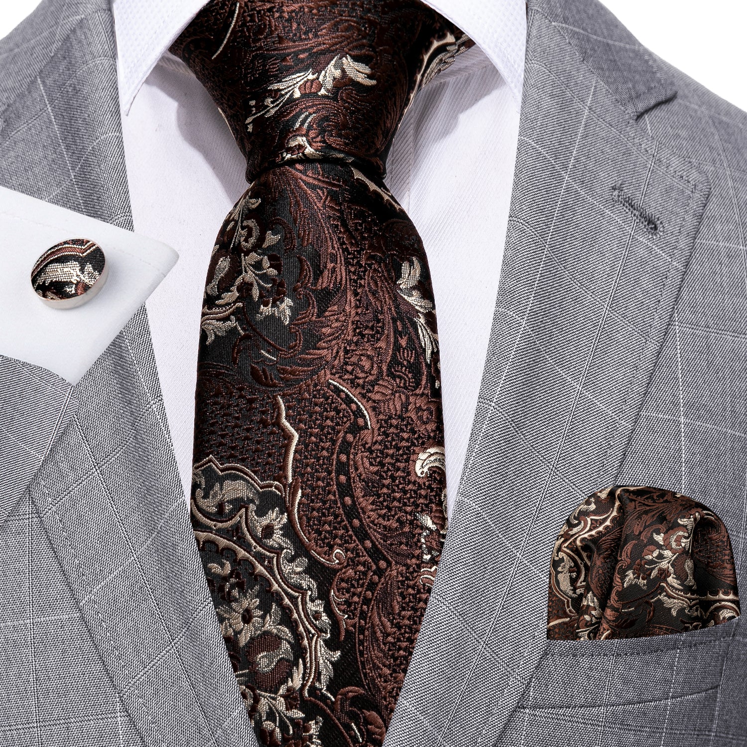 Brown Paisley Silk Tie Handkerchief Cufflinks Set