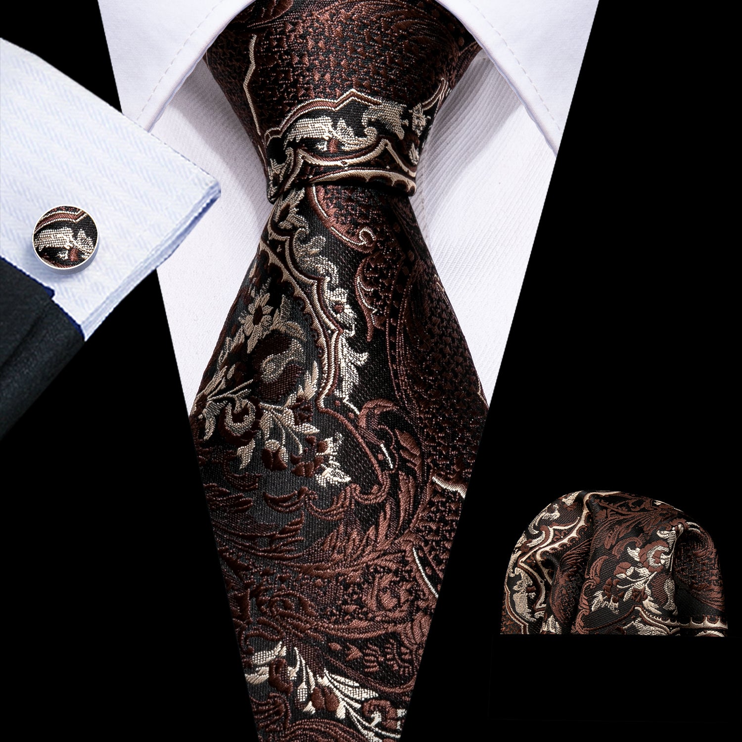 Brown Paisley Silk Tie Handkerchief Cufflinks Set