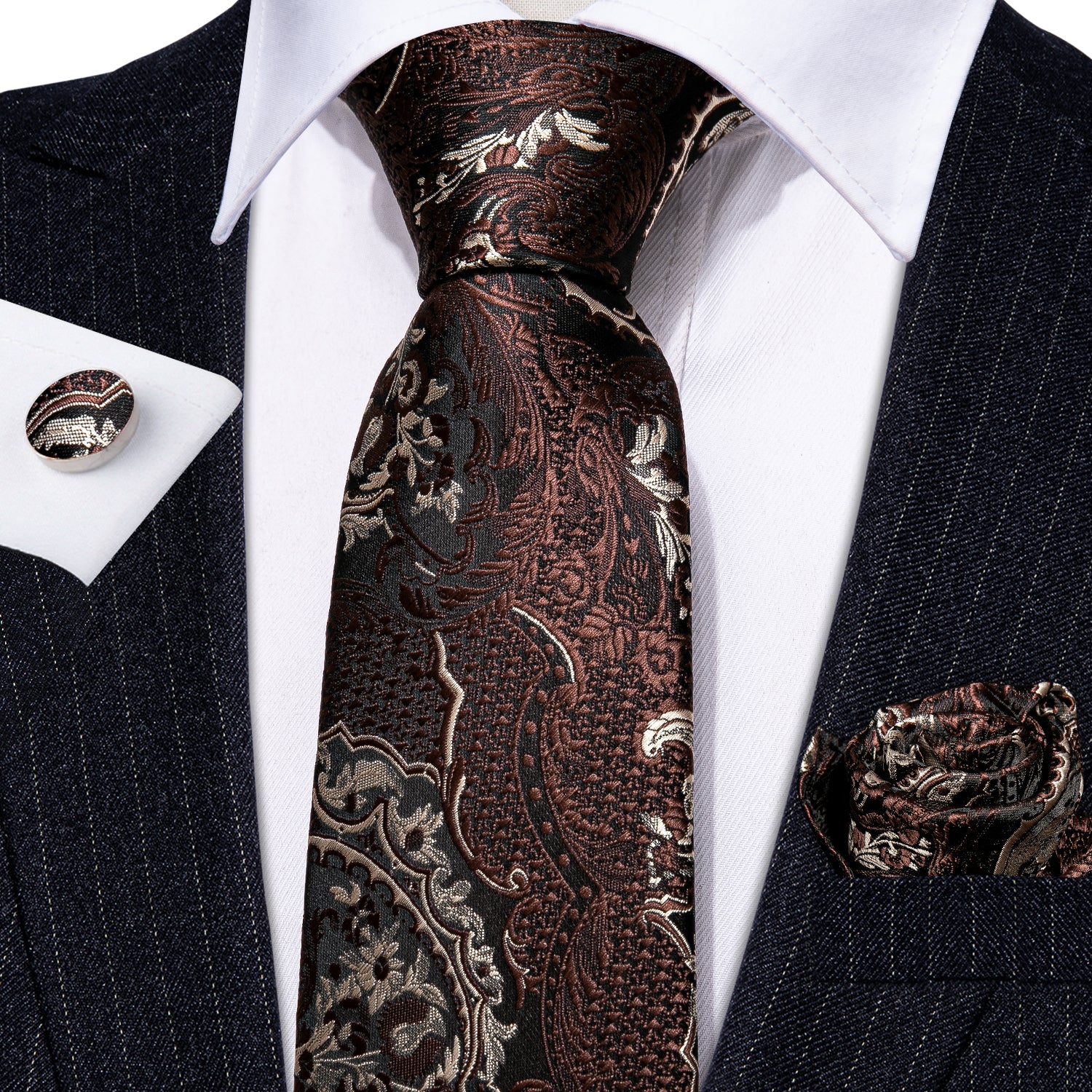 Brown Paisley Silk Tie Handkerchief Cufflinks Set