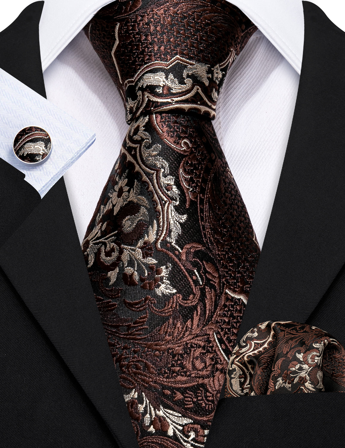 Brown Paisley Silk Tie Handkerchief Cufflinks Set