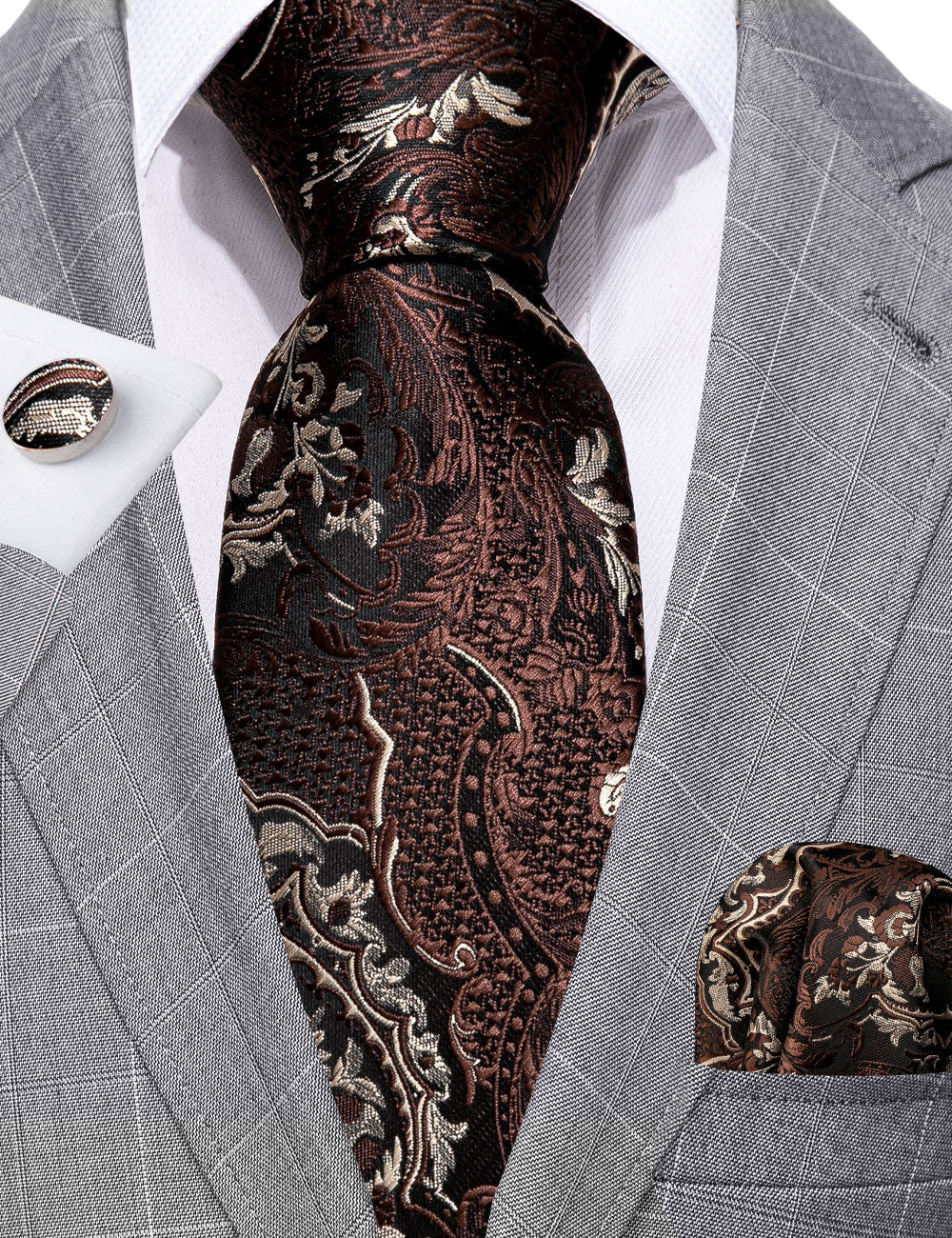 Brown Paisley Silk Tie Handkerchief Cufflinks Set