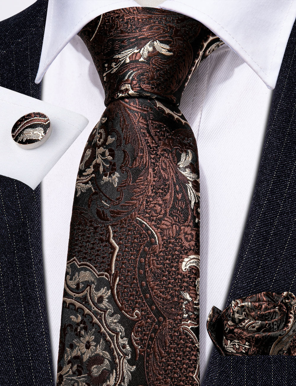 Brown Paisley Silk Tie Handkerchief Cufflinks Set