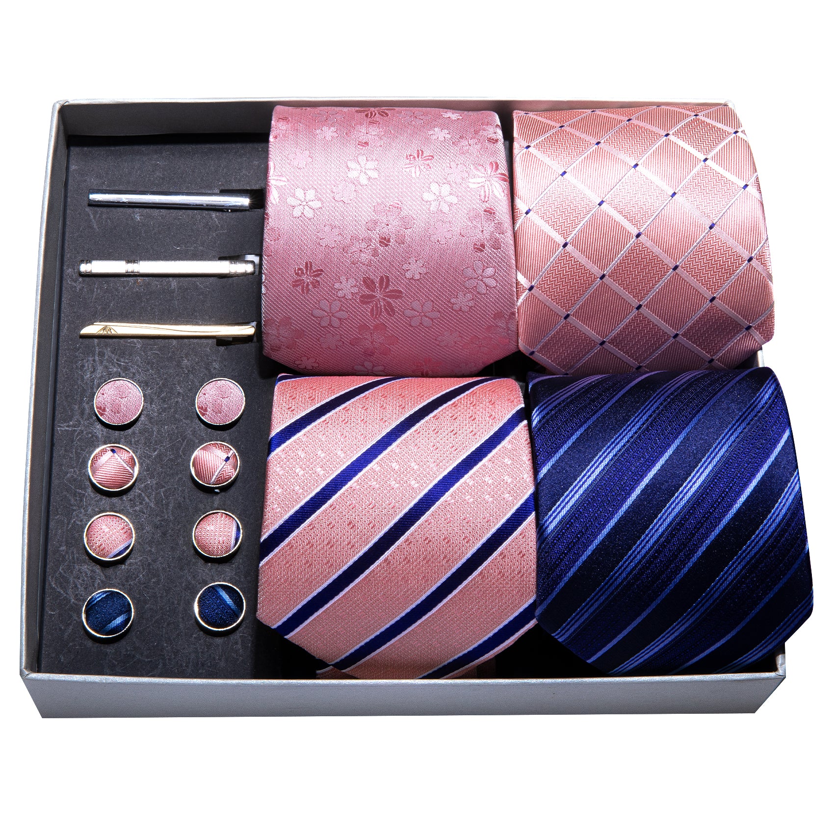 4pcs Men Tie Pink Blue Striped Barry Wang Tie Hanky Clip Gift Box Set