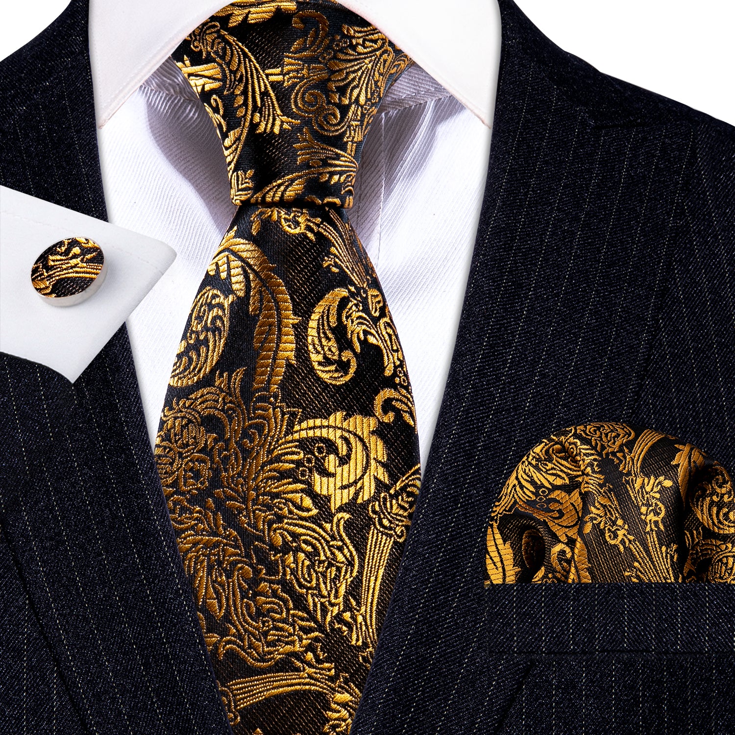 Gold Black Paisley Silk Tie Handkerchief Cufflinks Set